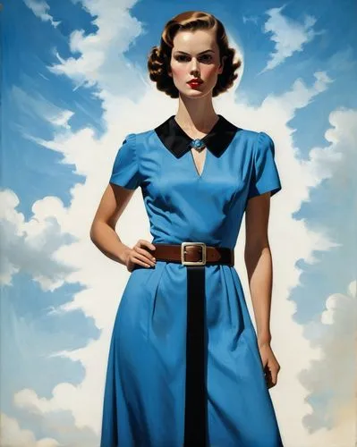 An enigmatic digital illustration: A woman with a vibrant blue dress, adorned in a black belt, and a white collar stands tall. Her gaze, directed sideways, adds mystery; her brown hair adds a splash o