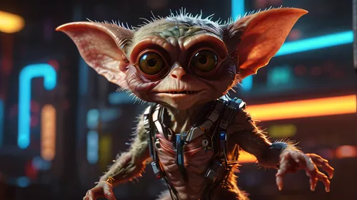 A lone gremlin from Gremlins movie, bathed in the glow of a flickering neon sign and dancing front camera, casting long shadows, cyberpunk aesthetic, gritty atmosphere, neon colors.,goblin,splinter,yo