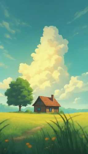 Clouds floating in the picture,lonely house,home landscape,landscape background,cartoon video game background,grassfields,little house,prairie,rural landscape,springtime background,farm background,sma