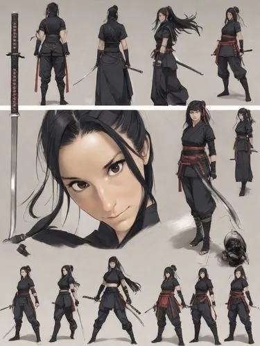 quiero que se vea como una artista marcial con un shinobi gi negro, vestida de color negro, como kunoichi. ninja mujer
agregarle un ninjato o katana
un poco mas de lejos.
,various sketches and stages 