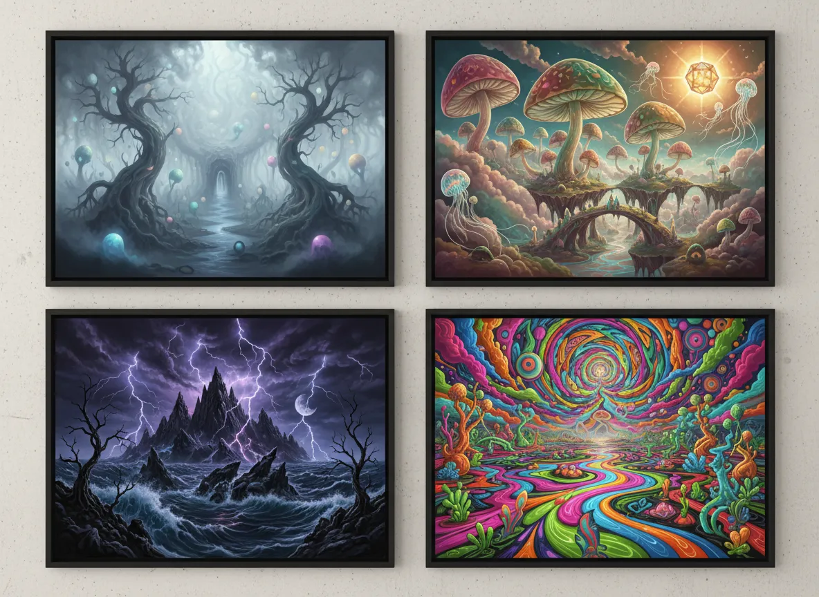 चार अतियथार्थवादी परिदृश्यों की एक गैलरी, प्रत्येक एक अलग मूड के साथ: एक धुंधला और रहस्यमय, एक उज्ज्वल और काल्पनिक, एक अंधेरा और तूफानी, और एक साइकेडेलिक रंगों वाला।