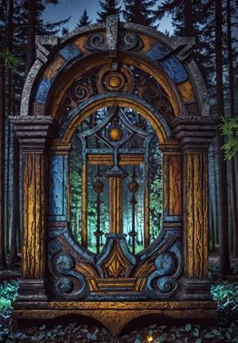 a large door to a lush green forest,forest chapel,fairy door,portal,mausoleum ruins,garden door,iron door,the door,hall of the fallen,wooden door,the threshold of the house,wood gate,stained glass win