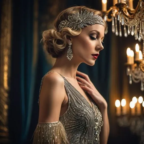 A glamorous woman in a sparkling silver and gold flapper dress with fringes, stands elegantly in a luxurious ballroom. She wears long satin gloves and carries a small evening purse. Her hair, styled w
