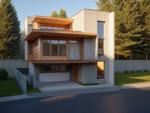 render this scene, set in a early morning setting, wood facade combined with concrete, include cars and pedestrians,a house in the countryside has modern architecture,modern house,render,renders,moder