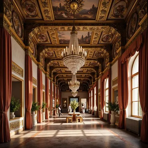Ornate baroque ceiling, intricate stucco moldings, gilded decorations, ornamental frescoes, grand chandeliers, crystal droplets, rich velvet drapes, majestic archways, symmetrical compositions, soft w