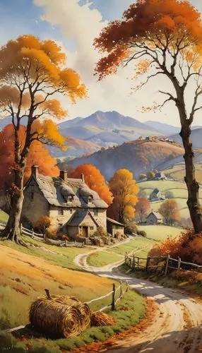 A scene of a picturesque autumn landscape with vibrant foliage, rolling hills, and a rustic farmhouse. Use warm, earthy tones to capture the beauty of fall. Rich details. Include elements like cornuco