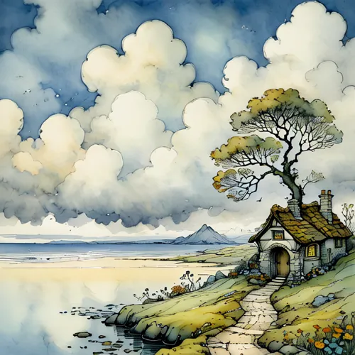 home landscape,an island far away landscape,jrr tolkien,thatched cottage,coastal landscape,cottage,tree house,watercolor background,fantasy landscape,sea landscape,fisherman's house,robert duncanson,d