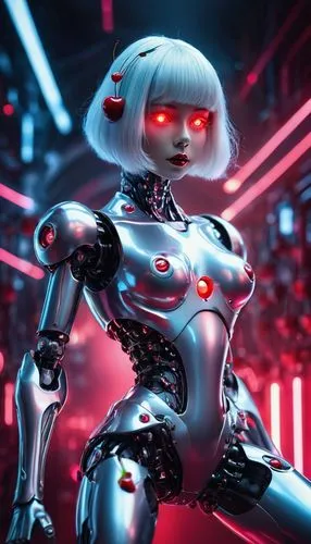 Cherry-themed AI robot, futuristic laboratory setting, metallic body, glowing red cherry-shaped eyes, silver hair styled in a bob cut, minimal makeup with a subtle glow, exposed chest circuitry, slend
