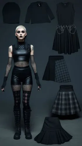 Goth Paper doll futuristic cyberpunk emp punk goth girl in black sleeveless shirt , black spandex shorts, complete full length fishnet and black goth knee Boots, standing surrounded by with a set of g