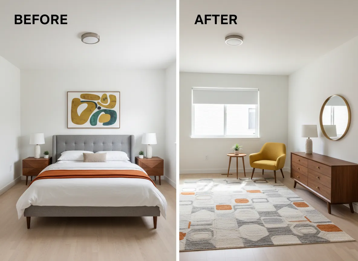Un'immagine divisa prima e dopo che mostra una stanza vuota trasformata in una camera da letto Mid-Century Modern completamente arredata utilizzando l'home staging virtuale con IA.