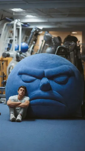 An athlete is resting with their head on a huge blue pillow in the shape of a fitness ball with muscular - faced features, in a gym filled with sports equipment.,inflatable mattress,blue pillow,beanba