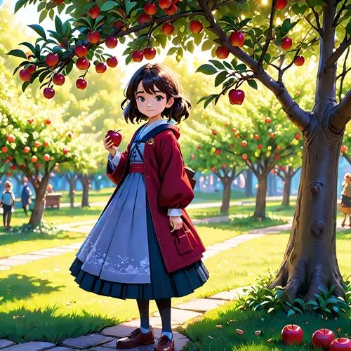 japanese style, manga, realistic,girl,apple tree,a person standing in front of a tree holding an apple,girl picking apples,apple orchard,apple harvest,red apples,apple tree,hanbok,Anime,Anime,Cartoon