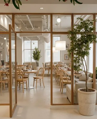 An elegant restaurant interior with a soft white and beige color scheme. The space features floor-to-ceiling glass dividers, minimalist wooden furniture, and natural plants. Soft lighting from contemp