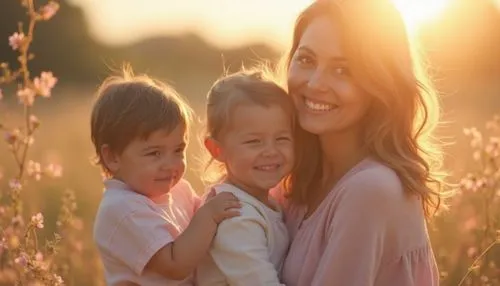 Uma mãe sorrindo ao lado de seus filhos, em um cenário com tons pastel, flores delicadas e uma luz dourada que simboliza a importância e a beleza da maternidade,a woman holding two kids in front of a 