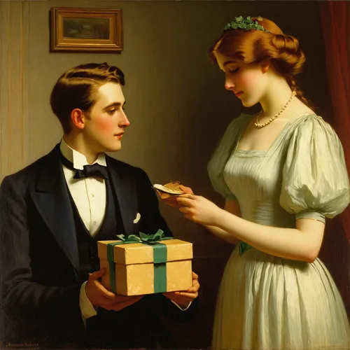 Imagine receiving surprise gifts on your special day.,young couple,opening presents,the gifts,a gift,gift of jewelry,courtship,engagement,handing out christmas presents,gifts,christmas messenger,prese
