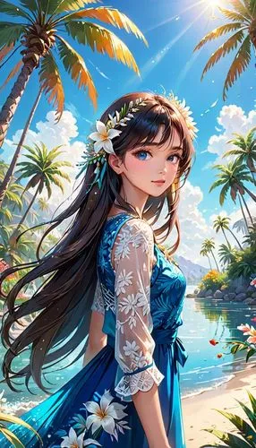 Cielo azul, un hermoso día de verano, palmeras y agua que brilla bajo el sol. Una hermosa mujer de cabello largo adornado con flores.,an anime girl in blue with long dark hair standing by the beach,me