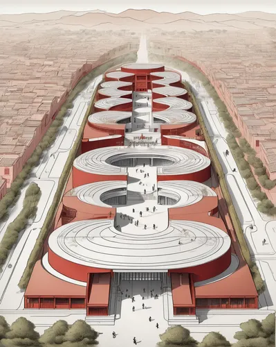 architectural plan for a building of (Song dynasty:1.2), red walls, round waving shape, (Tadao Ando style: 1.3), inspired by Zha Shibiao, conceptual art, rammed earth courtyard, buddhist architecture