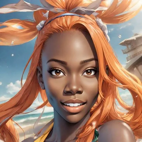 a beautiful lady standing in front of the ocean,ororo,nami,danai,buika,anakara,kunbi