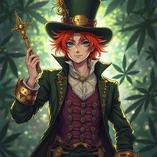 alice in wonderland shazam kazam wam bam emoji face anime male mad hatter warrior lingerie inspired gothic colonial clothing armor outfit full body marijuana leaf record background
,a young man in gre