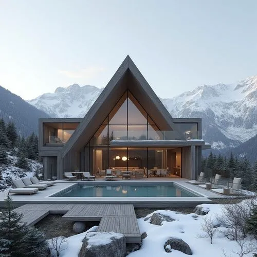 A hyper-realistic, high-resolution architectural photograph of a luxurious, alpine-style modern villa nestled in a mountainous landscape. The home features a prominent A-frame roof and is constructed