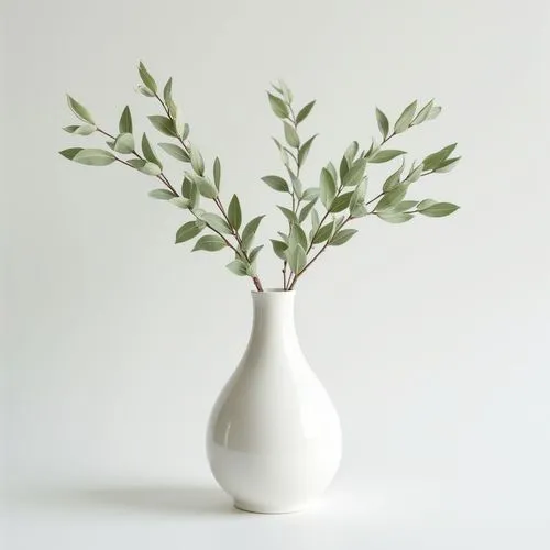 delicate elegant decorative branches with small green leaves ,on white wall,frontview, simple elegant  white chalk vase
,small vase with plants sticking out of it,olive tree,boxwood,vase,a sprig of wh