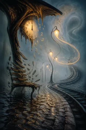 Surrealist dreamscape illustration of a foggy train station at night, framed with a subtle tilt. The wooden canopy melts and warps like liquid wax around a glowing clock whose numerals drift and float