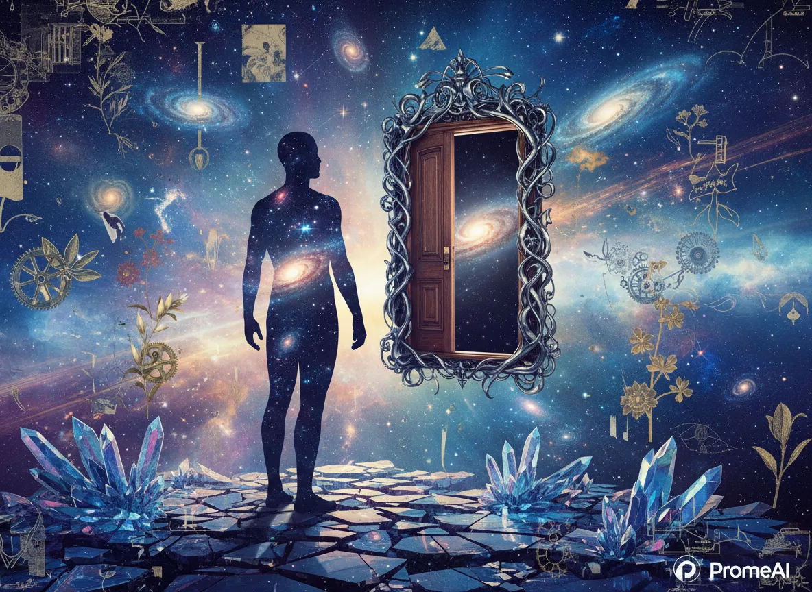 Un collage digitale surreale creato con PromeAI, che mostra la silhouette di una persona piena di stelle che guarda una porta fluttuante.