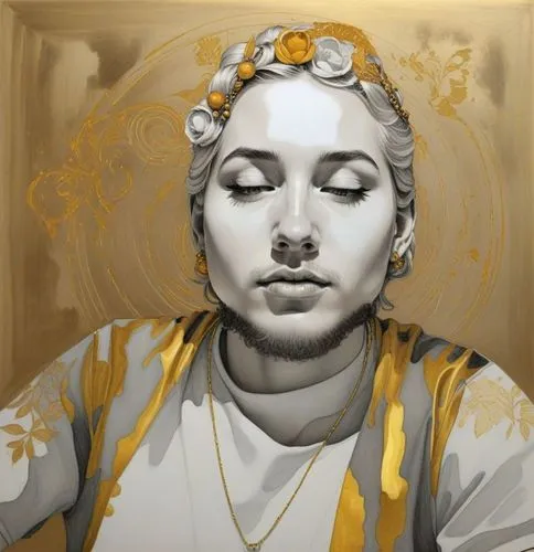 a digital painting of a man wearing gold jewelry and flowers in his hair,geisha,gold paint stroke,art,painting technique,pencil art,gold paint strokes