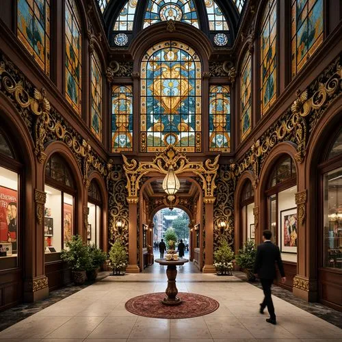 Intricate ironwork, flowing organic lines, ornate facades, sinuous curves, botanical motifs, stained glass windows, ornamental turrets, grand entranceways, luxurious materials, marble floors, velvet d