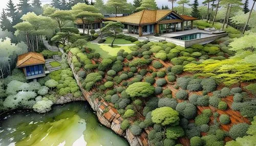 an image of the forest scene of an outside world,house in the forest,forest house,home landscape,green landscape,landscape plan,landscaped,house with lake,green forest,house in mountains,roof landscap