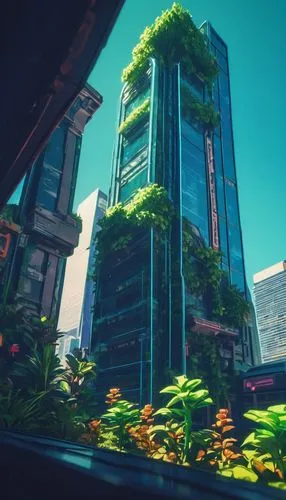 Architectural site model, modern skyscraper, futuristic design, sleek glass facade, metallic frame, angular lines, cantilevered floors, rooftop garden, lush greenery, cityscape, metropolitan area, urb