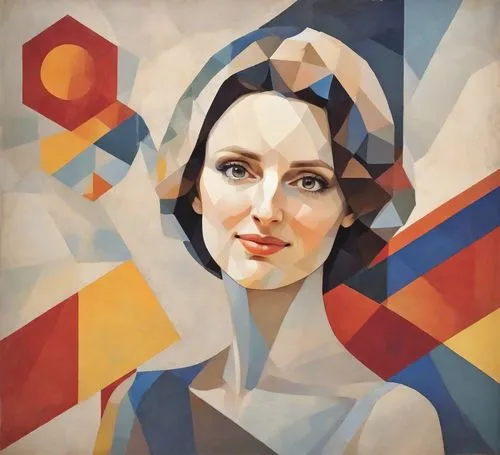 portrait in the style of polygonal painting in the style of Alexander Deineka, the face is divided into colored polygons of different sizes, mosaic, a combination of complex cold and warm colors, play