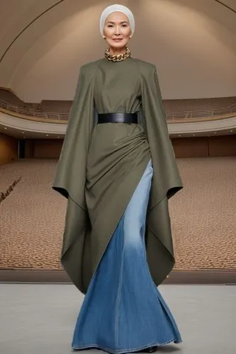 the woman is posing in a long skirt and coat,kawakubo,a floor-length dress,tahiliani,vionnet,hadid,maxmara,gaultier,abayas,siriano,lagarde,rajavi,caftan,abaya,afw,mugler,eveningwear,ahrendts,traje,mos