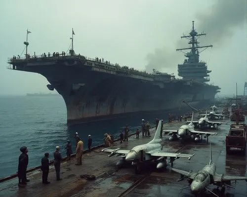一艘正在充滿油汙,雜亂的軍港拆解到一半的航空母艦,碼頭有焊接工人在焊接,忙碌的工作,甲板上停放戰鬥機,people on the ship dock watch two jets go by,uss carl vinson,aircraft carrier,uss kitty hawk,cvn,supercarrier,nimitz