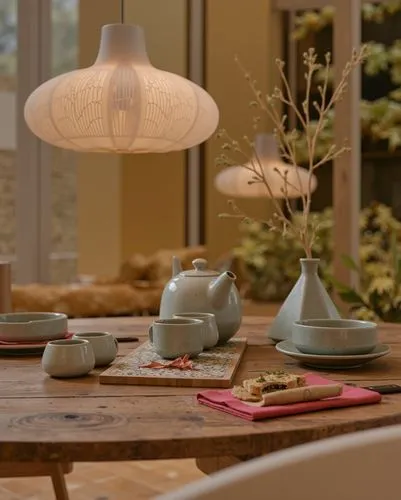 A serene tea setup on a wooden dining table, with earthy ceramic teapots and cups, surrounded by a warm, nature-inspired interior with soft lighting.,a tea kettle and plates sit on a table,table lamps