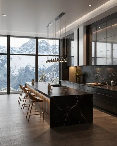 A luxurious open kitchen overlooking snowy mountain peaks. A long black marble island with golden veining contrasts with sleek matte black cabinetry. A row of pendant lights adds a touch of warmth, co