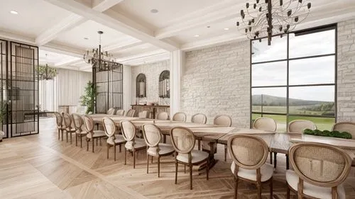 modern rustic dining hall. add lighting, trees. show colors stone floor, wood, white plaster textures,kitchen & dining room table,breakfast room,dining room,luxury home interior,dining room table,dini