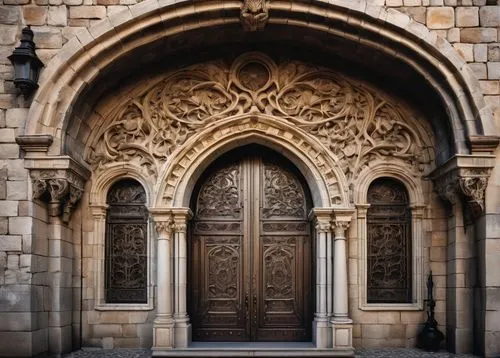 Ancient European style, ornate keystone, arches, columns, grand entrance, intricately carved stone, rusticated quoins, symmetrical facade, Baroque details, weathered stone walls, Gothic Revival influe