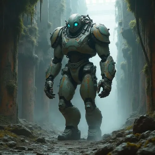 Kai, un explorateur cyberpunk au corps massif et mécanique, marche prudemment dans un environnement dystopique dévasté. Ses proportions sont inspirées du jeu Scorn : un torse large, des membres robust
