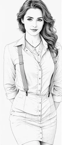 A woman wearing a shirt on top and a suspender skirt on the bottom, with long wavy hair,coreldraw,fashion vector,rotoscoped,vectorization,illustrator,comic halftone woman,girl drawing,line drawing,off
