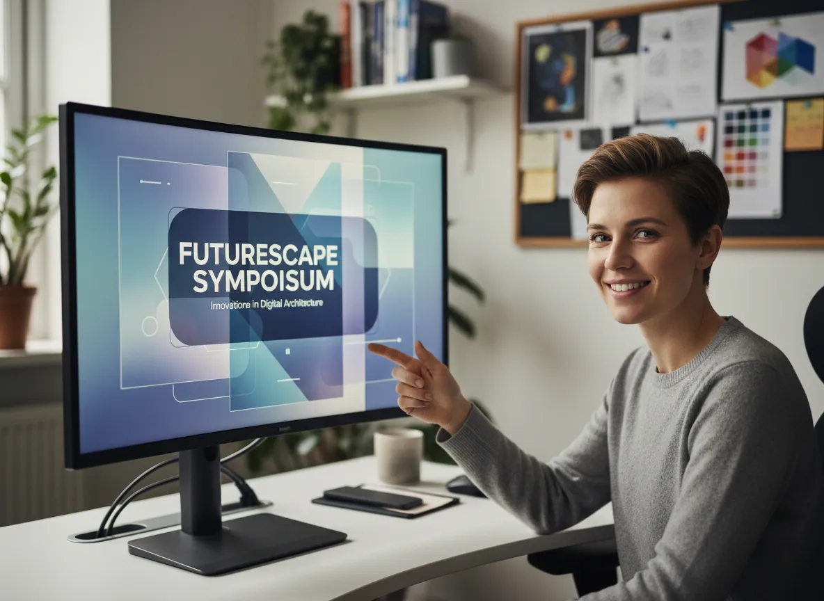 एक डिज़ाइनर अपने कंप्यूटर पर मुस्कुरा रहा है, जिस पर एक जटिल ग्लासमॉर्फिज्म डिज़ाइन वाला एक तैयार, पेशेवर पोस्टर प्रदर्शित है।