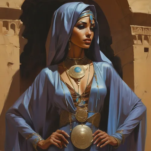 Make a beautiful arabian female, make her dressing an arabian dress with a cloack and with a medallion,rem in arabian nights,priestess,ancient egyptian girl,arabian,karnak,orientalism,cleopatra,sorcer