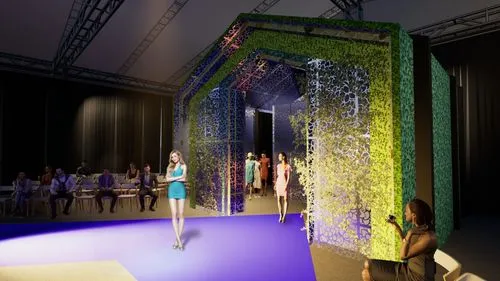 woman walking,the models are walking around the runway in blue,stage design,theater stage,catwalk