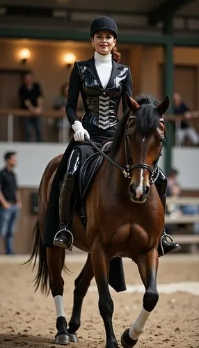 Elegante Dressurreiterin Lady Dita von Teese auf einem Turnier auf einem Reithof  im Reitanzug, ,Lady 45 Jahre alt  , kupferRote Haare ,hochglänzendes Korsett mit silbernen Haken im schwarzen, glänzen