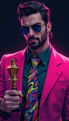 A digitally illustrated portrait of a confident, stylish man with sharp facial features and a serious expression. beard cut face, The character is wearing a vibrant, neon pink blazer over a dark green