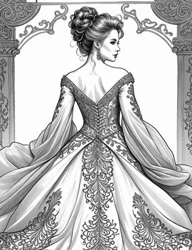 Style: Design Sketch-Detailed Outline,the brides gown with her hair in a bun,noblewoman,ball gown,maxon,victorian lady,peignoir,white rose snow queen,ballgown,margaery,wedding gown,bridal gown,the sno