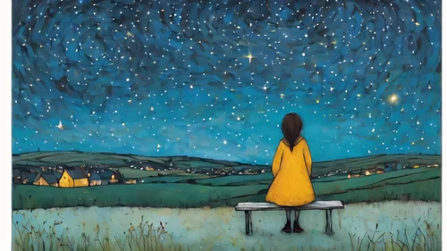 girl watching the starry sky,starry sky,starry night,stargazing,fireflies,falling stars,falling star,the night sky,starfield,the stars,night stars,astronomer,firefly,night scene,cosmos field,the moon 