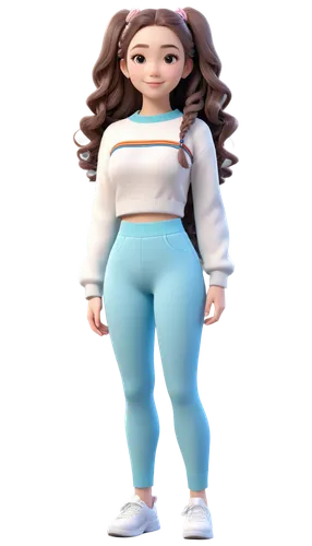 a close up of a girl wearing a sweater and pants, a 3D render, inspired by Ross Tran, long curvy hair, anime vtuber full body model, y2k fashion, long braided curly brown hair, full body pictures, dis