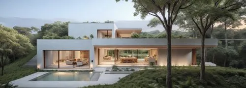 A detailed three-quarters view of an interior space, a house with a biophilic design with green walls and wooden accents. The house's top level includes large glass windows, surrounded by lush trees, 