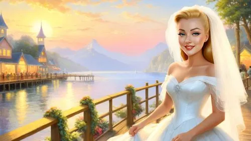 Romantic masterpiece oil painting, 1950's kitsch style, boardwalk promenade sunset, bridal veil, high res, by Thomas Kinkade, by Bob Ross,a blonde woman in a white wedding dress on a pier with the wat